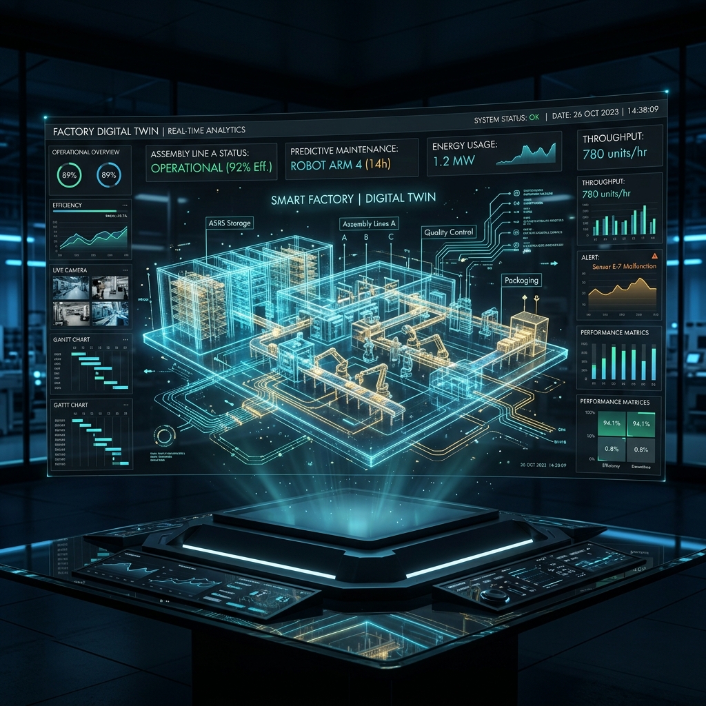 Holographic visualization of a factory setup showing data nodes and connections