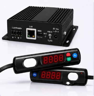Wired Pick-to-Light hardware modules mounted on assembly racks